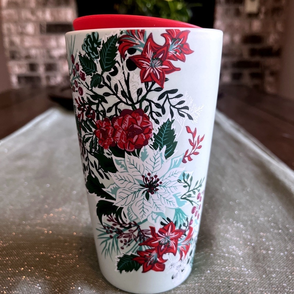 NEW Starbucks 2022 Soft Porcelain Floral Mint Green Poinsettia Tumbler 12oz - Picture 2 of 6